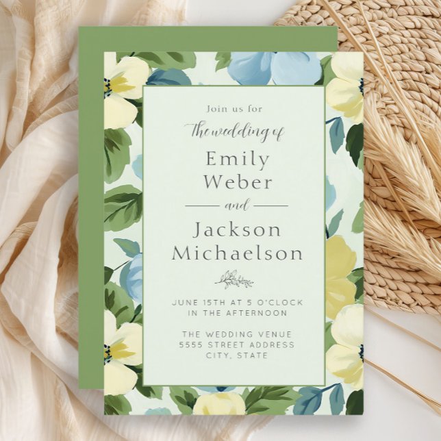 Elegant Mint Blue Yellow Floral Wedding Invitation (Elegant mint, blue, and yellow floral wedding invitation)