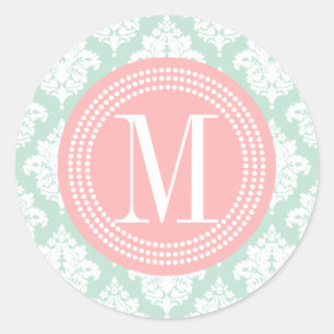 Elegant Mint Damask Personalized Classic Round Sticker