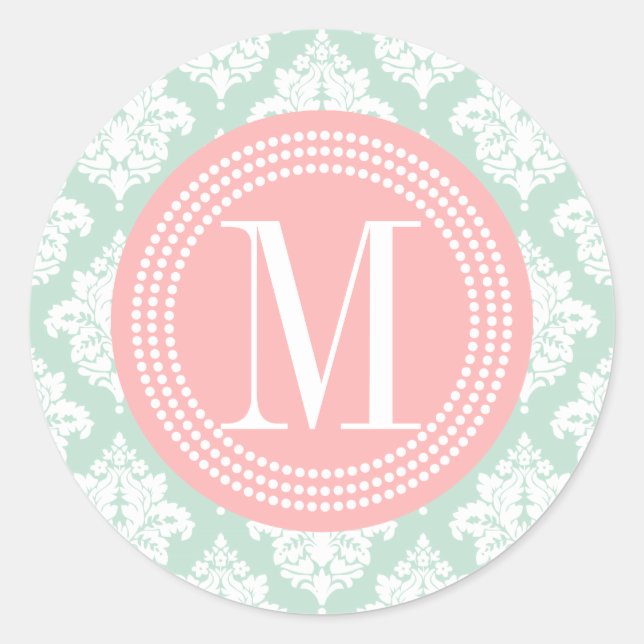 Elegant Mint Damask Personalized Classic Round Sticker (Front)