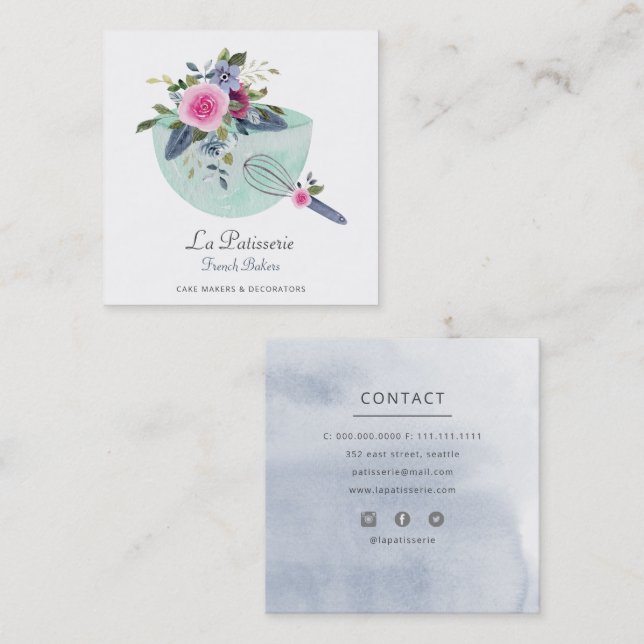 Elegant Mint Floral Wedding Cake Makers Bakery Square Business Card (Front/Back)