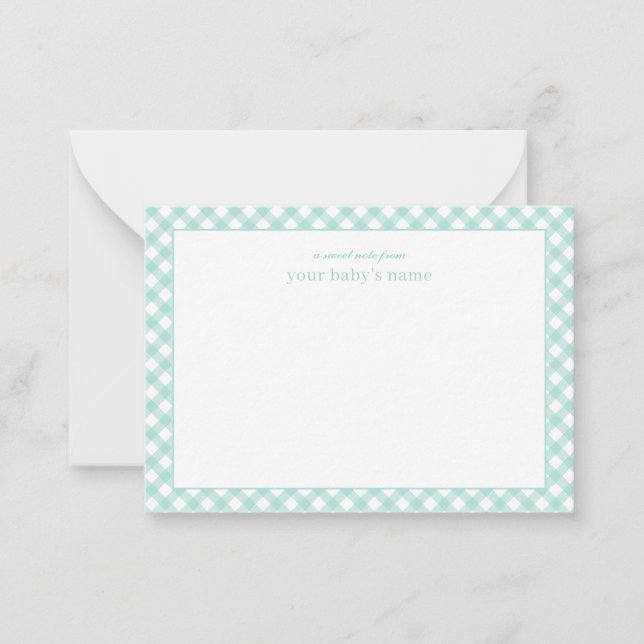Elegant Mint Gingham Baby Nursery Note Card (Front)