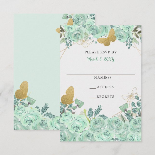 Elegant Mint Gold Butterflies Floral  RSVP Card (Front/Back)
