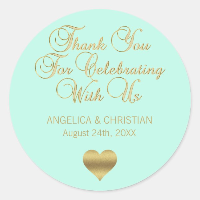 Elegant MINT Gold Thank you Wedding Classic Round Sticker (Front)