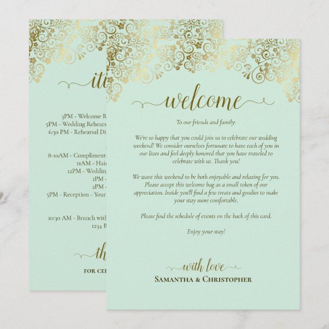 Elegant Mint & Gold Wedding Welcome & Itinerary Program (Front/Back)