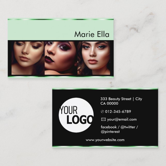 Elegant Mint Green Black Three Photos with Logo  Business Card (Front/Back)