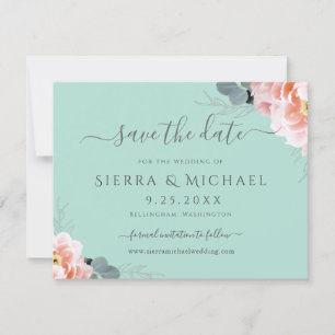 Elegant Mint Green Blush Pink Floral Save The Date Announcement