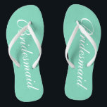 Elegant mint green bridesmaid wedding flip flops<br><div class="desc">Elegant mint green wedding flip flops for bridesmaids. Custom background and strap colour personalizable with name or monogram initials optional. Modern his and hers sandals with stylish script calligraphy typography. Cute party favour for beach theme wedding, marriage, bridal shower, engagement, anniversary, bbq, bachelorette, bachelor, girls weekend trip etc. Make your...</div>