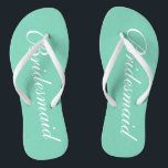 Elegant mint green bridesmaid wedding flip flops<br><div class="desc">Elegant mint green wedding flip flops for bridesmaids. Custom background and strap colour personalizable with name or monogram initials optional. Modern his and hers sandals with stylish script calligraphy typography. Cute party favour for beach theme wedding, marriage, bridal shower, engagement, anniversary, bbq, bachelorette, bachelor, girls weekend trip etc. Make your...</div>