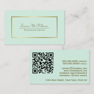 Elegant Mint Green & Gold Professional QR Code Business Card