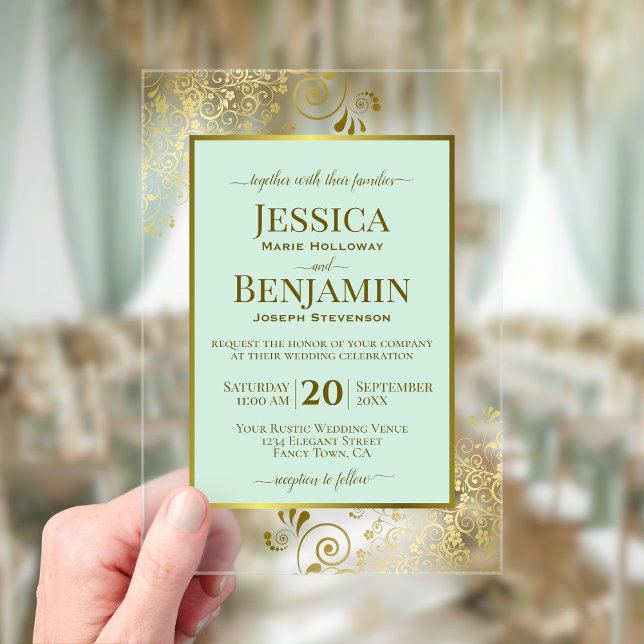 Elegant Mint Green & Gold Stylish Text Wedding Acrylic Invitations (Clear Acrylic with Rectangle Cut)