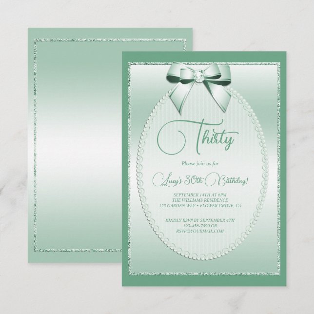 Elegant Mint Green Jeweled Bow Birthday Invitation (Front/Back)