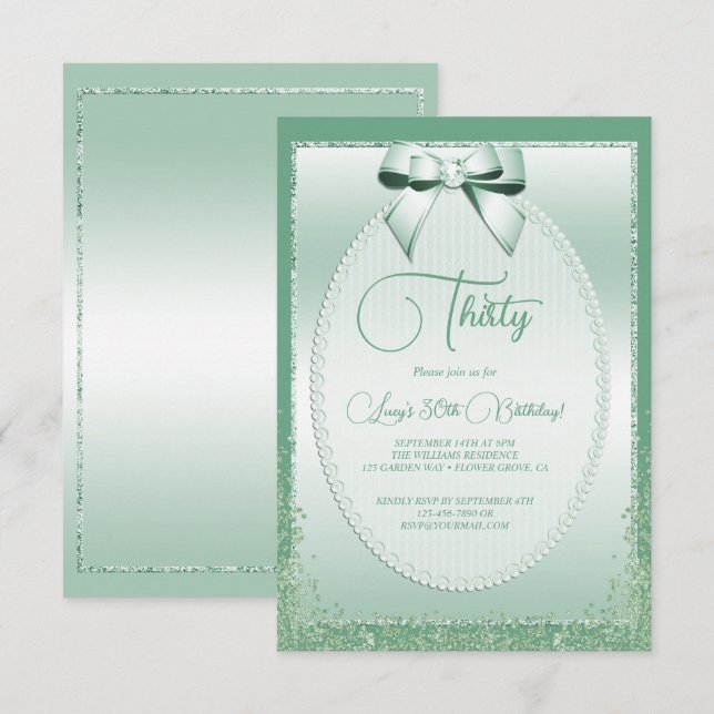 Elegant Mint Green Jeweled Bow & Glitter Birthday Invitation (Front/Back)