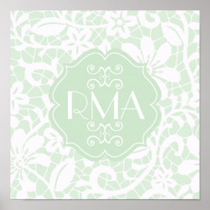 Elegant Mint Green Lace Personalized Monogram Poster
