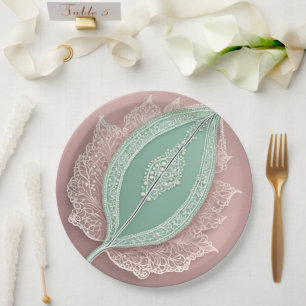 Elegant Mint Green Leaf Dusty Rose Vintage Lace Paper Plate