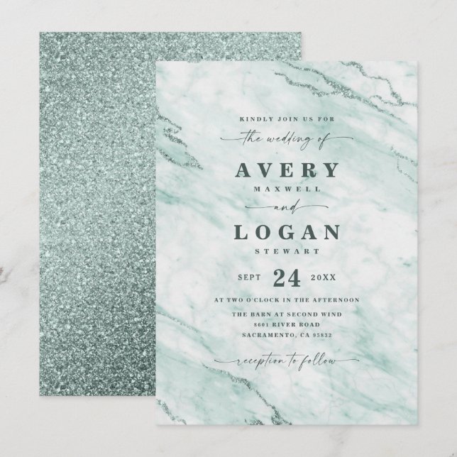 Elegant Mint Green Marble & Glitter Wedding Invitation (Front/Back)