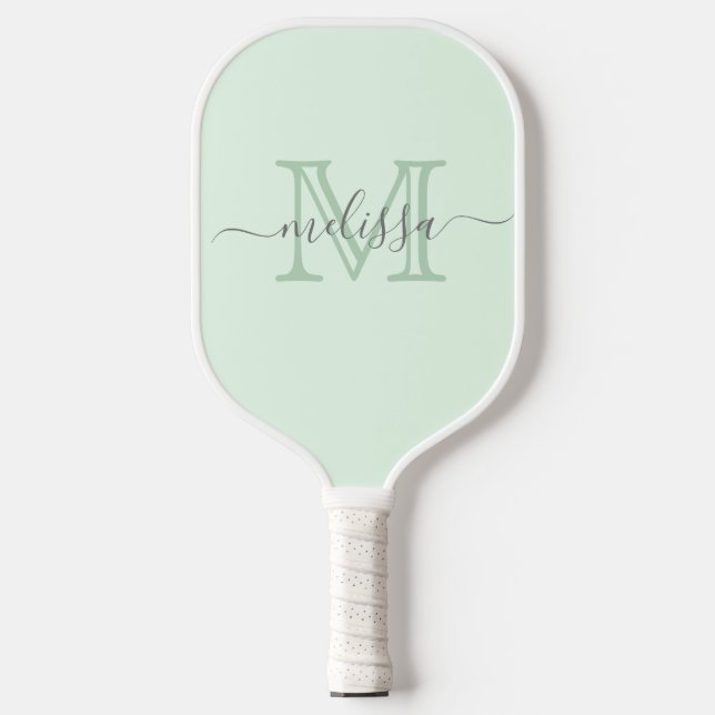 Elegant Mint Green Minimal Name and Monogram Pickleball Paddle (Front)
