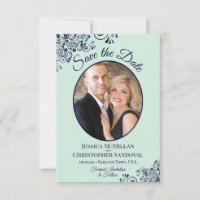 Elegant Mint Green & Navy Blue Oval Photo Wedding