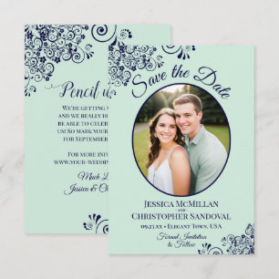 Elegant Mint Green & Navy Blue Oval Photo Wedding Save The Date