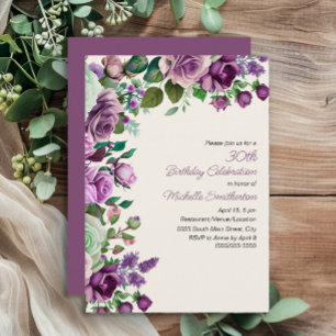 Elegant Mint Green Purple Floral 30th Birthday Invitation