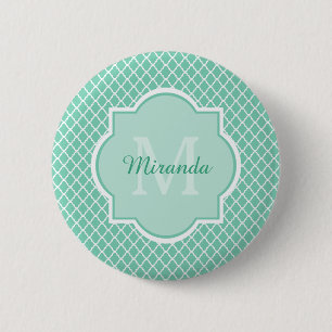 Elegant Mint Green Quatrefoil Monogram With Name 2 Inch Round Button