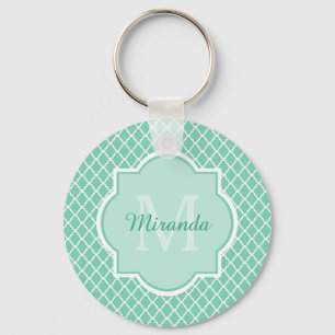 Elegant Mint Green Quatrefoil Monogram With Name Keychain