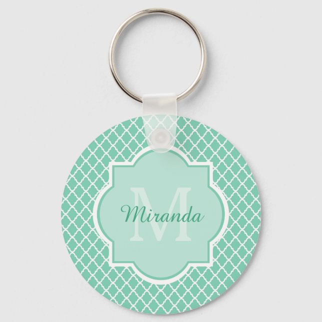Elegant Mint Green Quatrefoil Monogram With Name Keychain (Front)