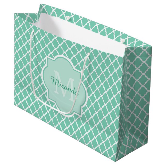 Elegant Mint Green Quatrefoil Monogram With Name Large Gift Bag (Front Angled)
