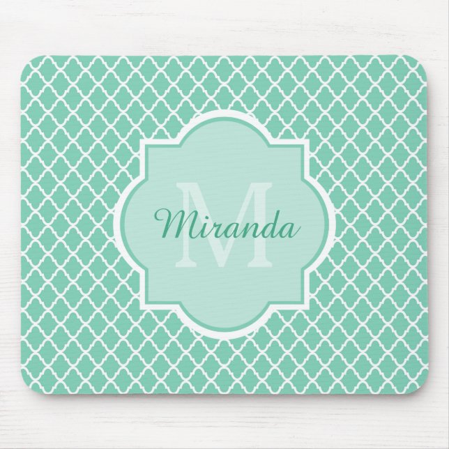 Elegant Mint Green Quatrefoil Monogram With Name Mouse Pad (Front)