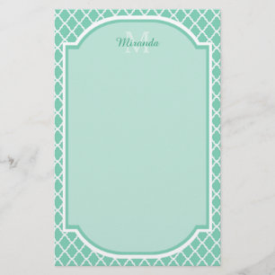 Elegant Mint Green Quatrefoil Monogram With Name Stationery