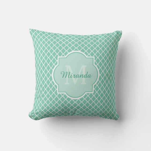 Elegant Mint Green Quatrefoil Monogram With Name Throw Pillow (Front)