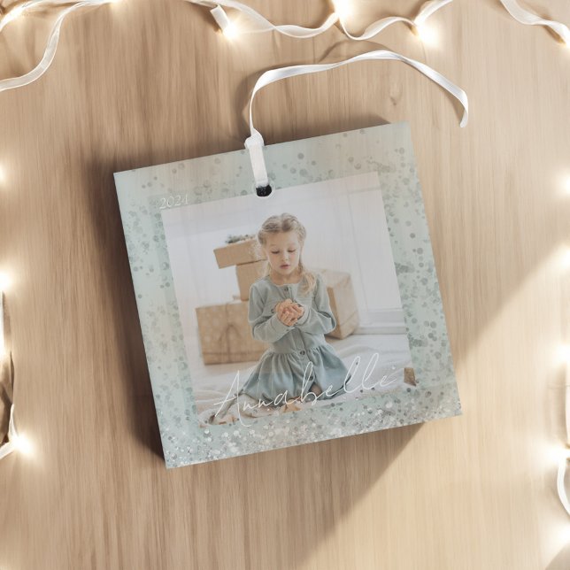 Elegant Mint Green Silver Glitter Sparkle Photo Glass Ornament (Elegant Mint Green Silver Glitter Sparkle Photo Glass Ornament)