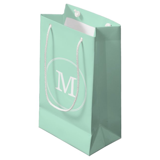 Elegant Mint Green Template White Monogram Modern Small Gift Bag (Front Angled)