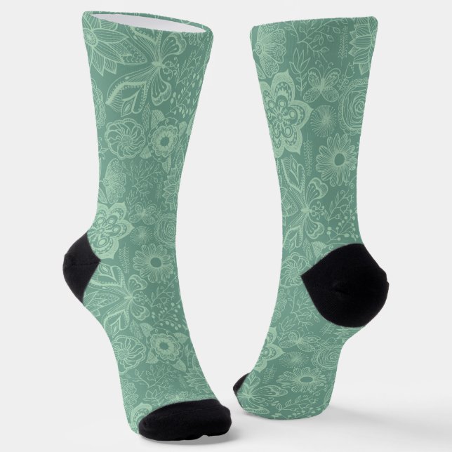 Elegant Mint-Green Tones Retro Floral Lace Socks (Angled)