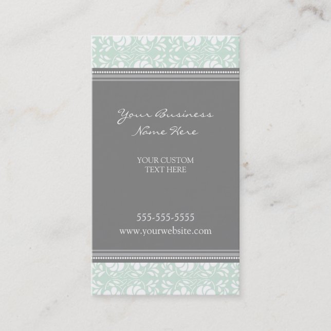 Elegant Mint Grey Damask Business Cards (Front)