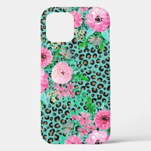 Elegant Mint Leopard Print and Floral Design iPhone 12 Case