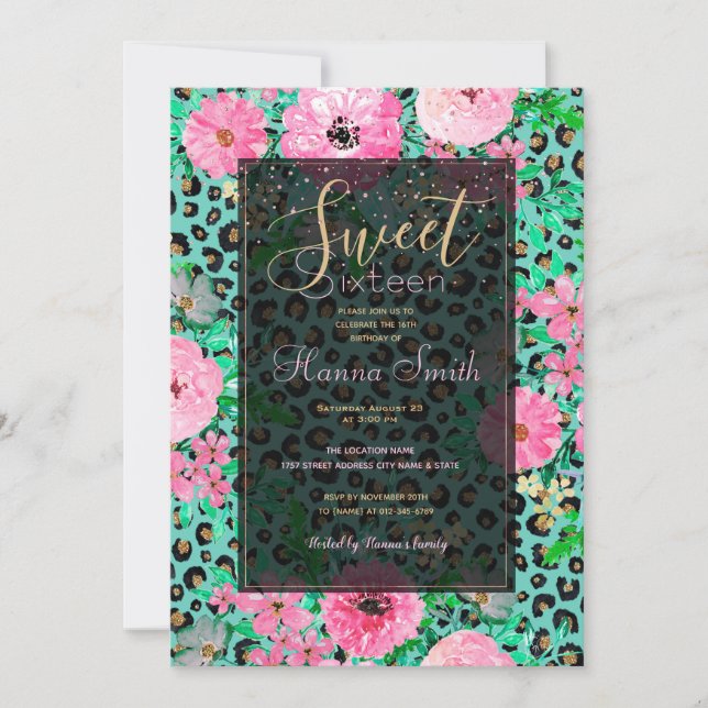 Elegant Mint Leopard Print and Floral Design Invitation (Front)