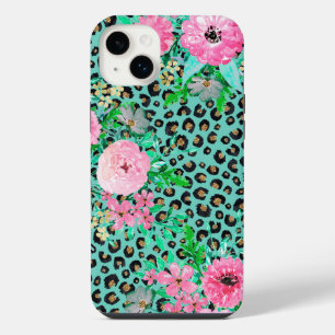 Elegant Mint Leopard Print and Floral Design iPhone 14 Plus Case