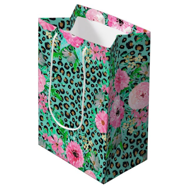 Elegant Mint Leopard Print and Floral Design Medium Gift Bag (Front Angled)