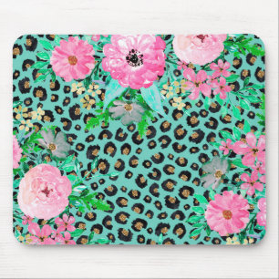 Elegant Mint Leopard Print and Floral Design Mouse Pad