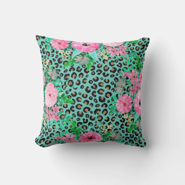 Elegant Mint Leopard Print and Floral Design Throw Pillow (Front)