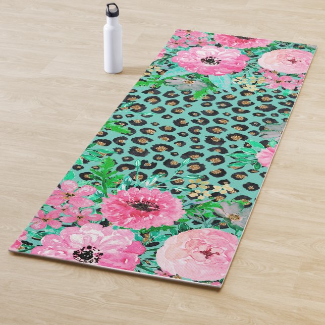 Elegant Mint Leopard Print and Floral Design Yoga Mat (In Situ)