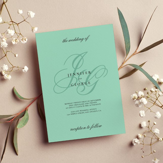 Elegant mint monogram initials romantic wedding invitation (Elegant mint monogram initials romantic wedding)