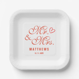 Elegant Mint red Mr and Mrs Wedding Monogram Napk Paper Plate