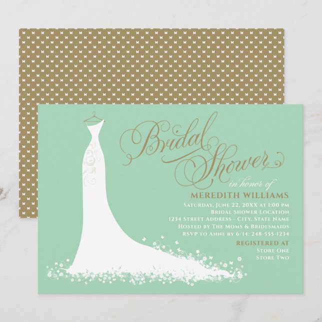 Elegant Mint Wedding Gown Bridal Shower Invitation (Front/Back)