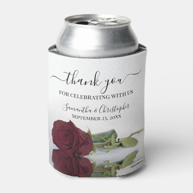 Elegant Mirrored Burgundy Rose Wedding Thank You Can Cooler (Can Front)
