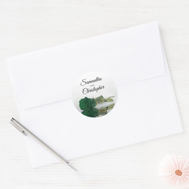 Elegant Mirrored Emerald Green Rose Wedding Classic Round Sticker (Envelope)