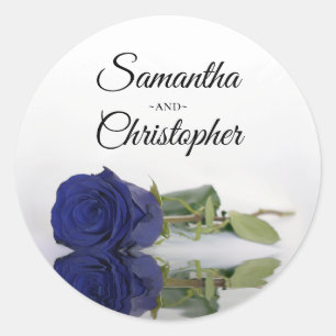 Elegant Mirrored Navy Blue Rose Wedding Classic Round Sticker