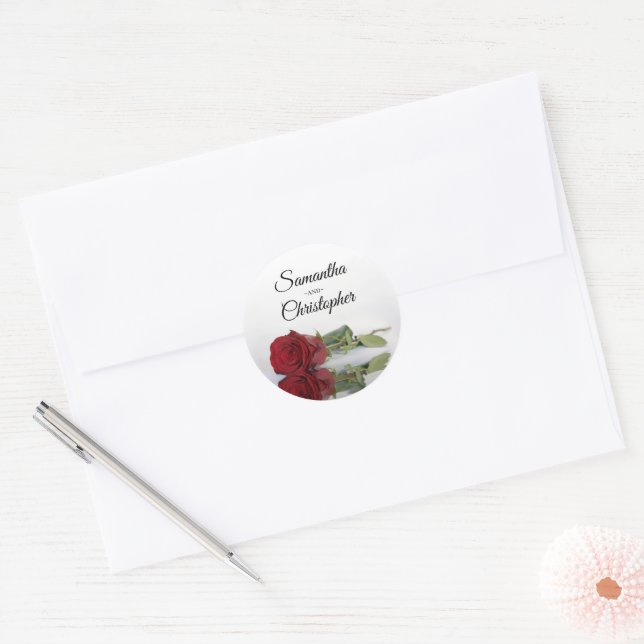 Elegant Mirrored Red Rose Wedding Classic Round Sticker (Envelope)