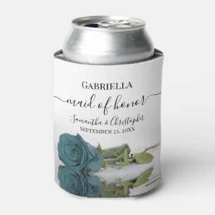 Elegant Mirrored Teal Rose Maid of Honour Wedding Can Cooler
