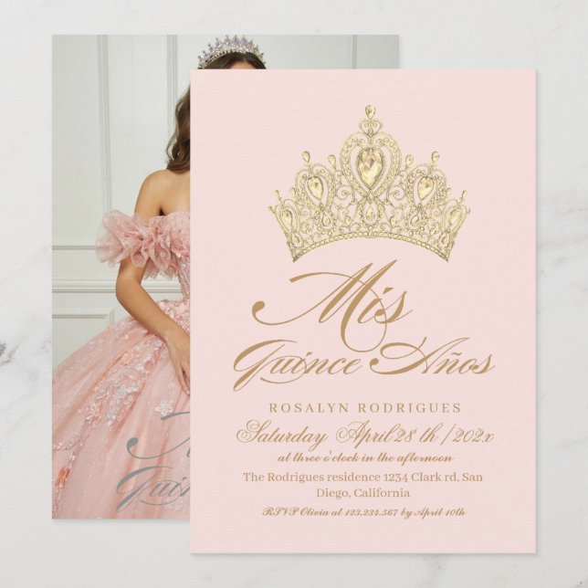 Elegant Mis Quince Anos Pink Gold Photo Invitation (Front/Back)